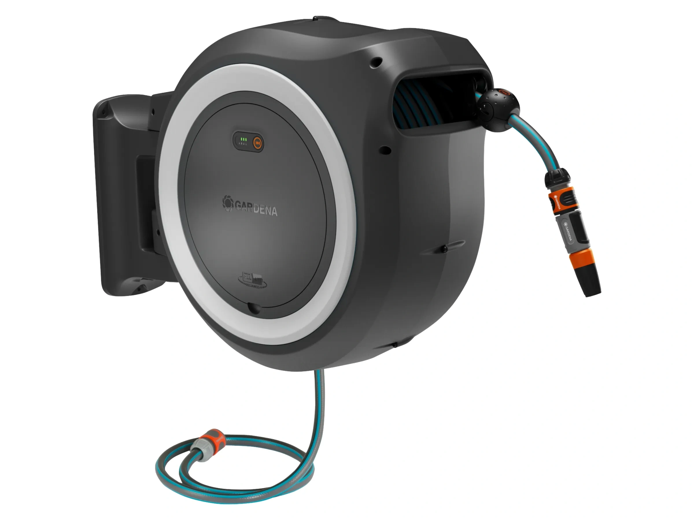 Gardena Akku-Wand-Schlauchbox PowerRoll XL 18 V - Akku-Automatik, 35 m Schlauch, 180° schwenkbar